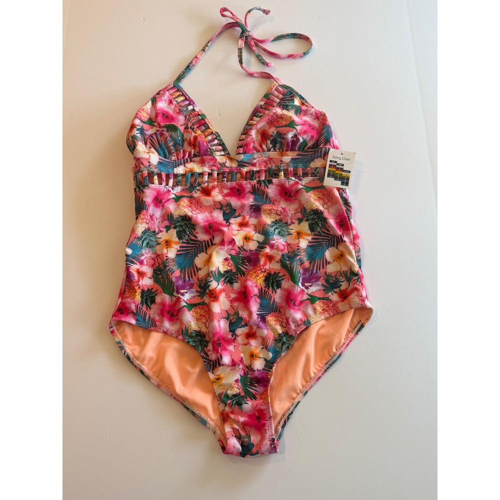 New Tropical Floral Pineapple Halter One Piece Swimsuit Ladder Cutout Pink M